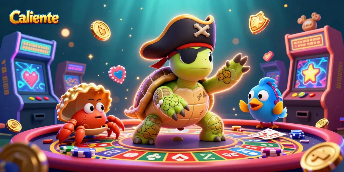 Win big with Caliente's lively 3D illustration of casino fun featuring a pirate turtle and friends.