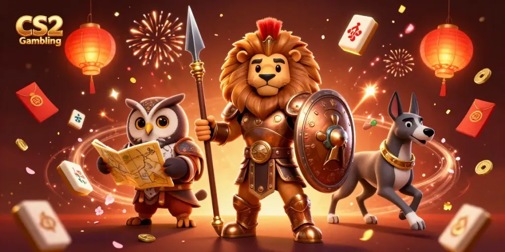 Experience CS2 Gambling with a dynamic scene featuring a Spartan lion, owl strategist, and greyhound messenger.