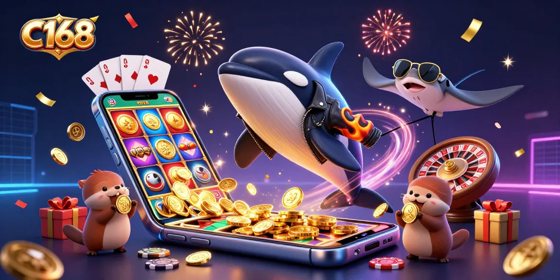 C168 casino celebration scene with orca, stingray, and otters winning gold coins.