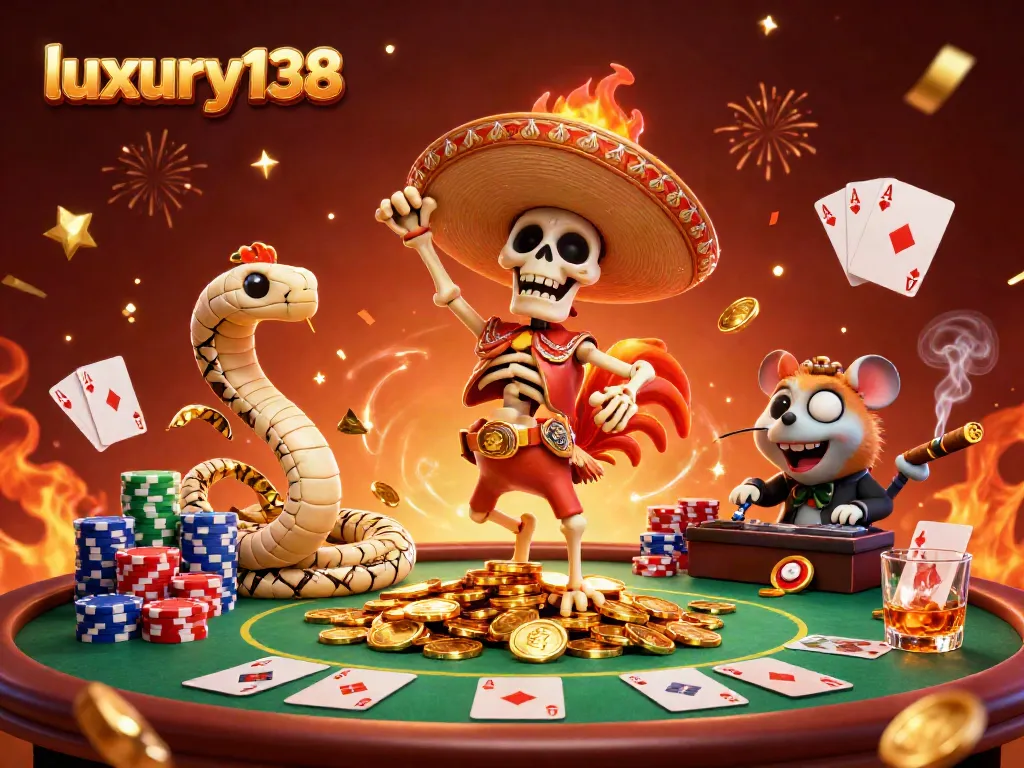 Engage in thrilling gameplay with luxury138 as a skeleton mariachi dances among gold coins and poker chips.