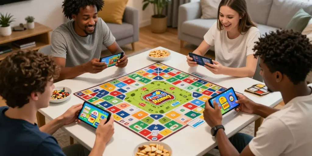 Players enjoying a fast-paced game of Rumble Rummy on mobile devices in a cozy living room.