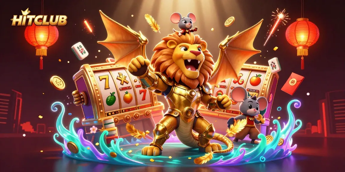 Experience excitement with HITCLUB's golden chimera and dynamic slot elements in this vibrant casino illustration.