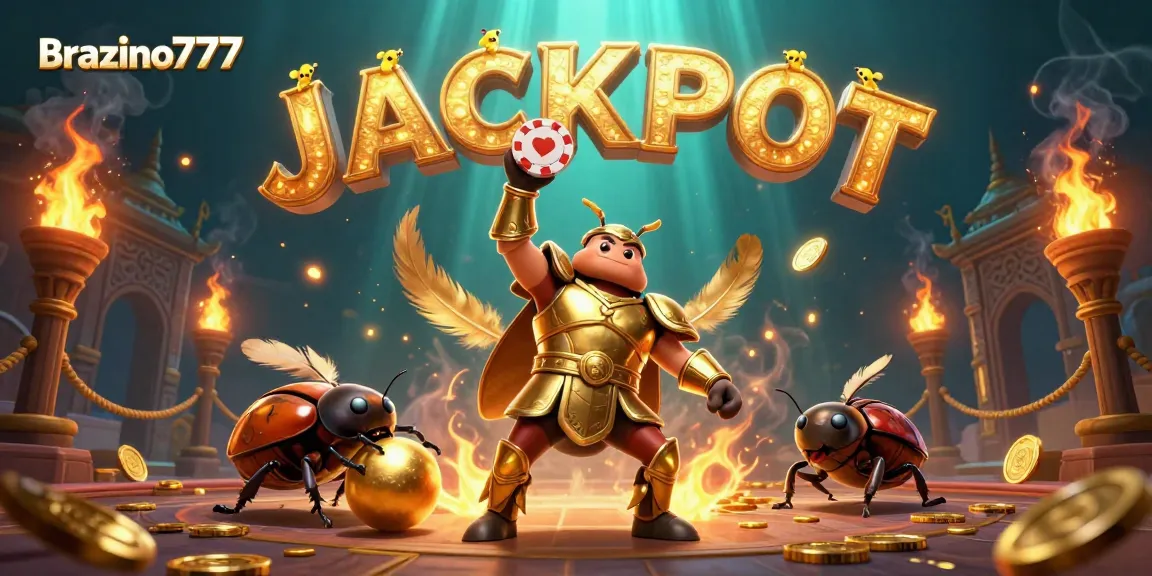 Brazino777 triumphs as a cartoon beetle celebrates jackpot victory in a colorful casino arena