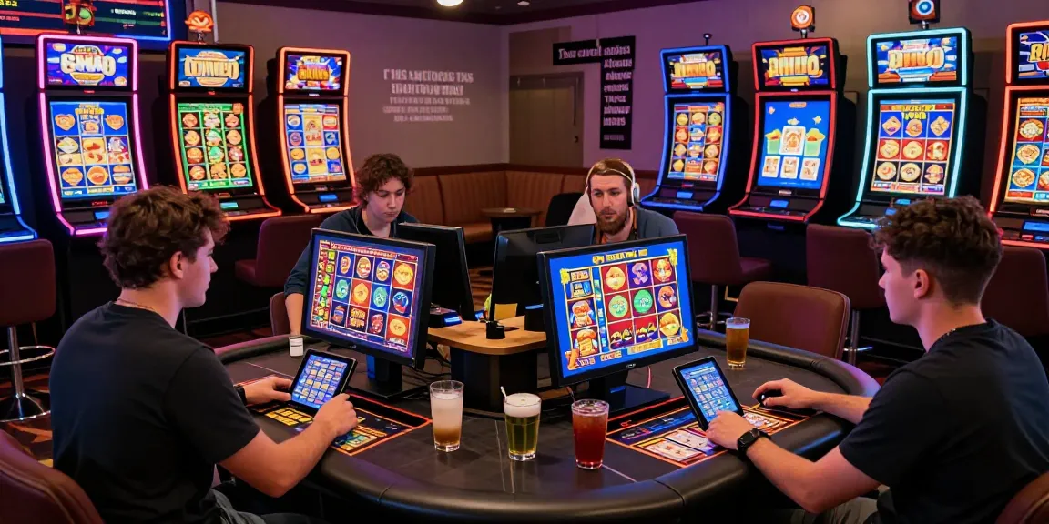 A diverse group enjoying the best online casinos in Australia, engaging with virtual pokies, live dealer tables, and vibrant casino visuals.