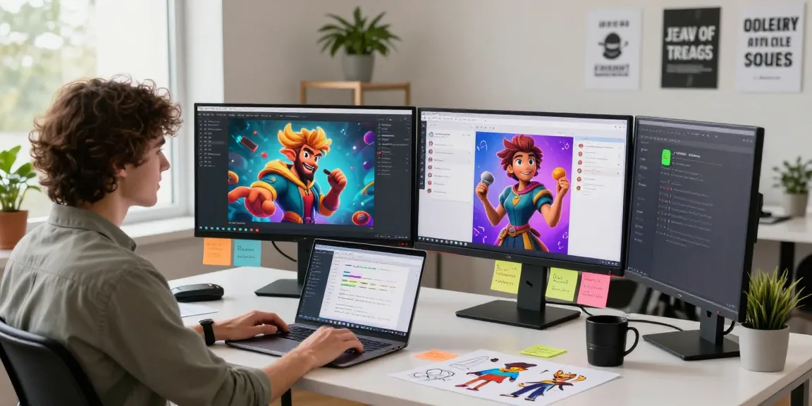 Engaging workspace featuring Tavern AI character creation on dual monitors with vibrant designs and tech decor.