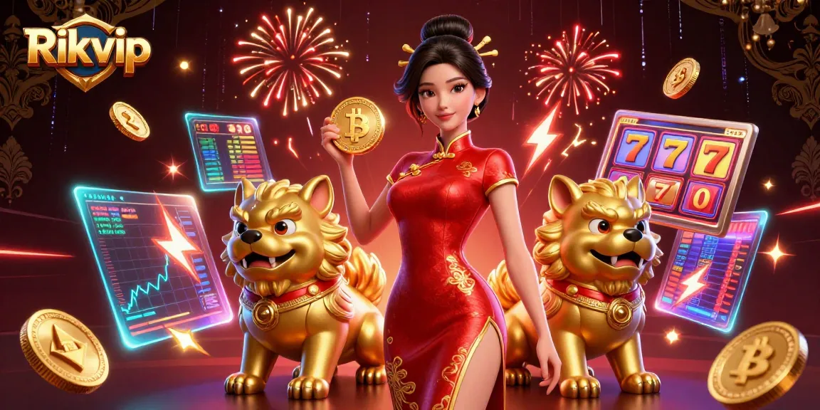 Engage in exciting gameplay at Rikvip, showcasing a glamorous woman with lucky symbols and dynamic casino elements.