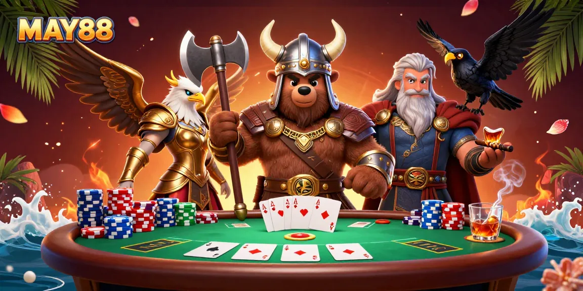 MAY88 showcases a vibrant 3D scene with a Viking bear and Valkyrie eagle engaging around poker elements.