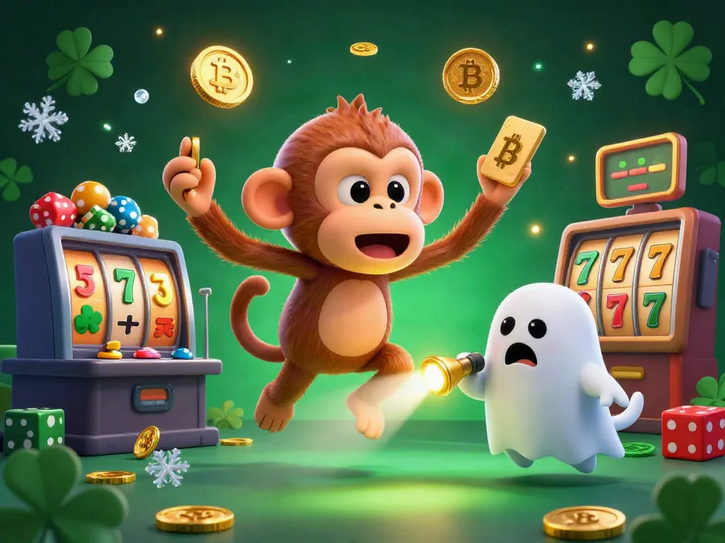 Engaging scene at a bitcoin casino with a playful poltergeist monkey and a curious puppy showcasing golden coins and games.