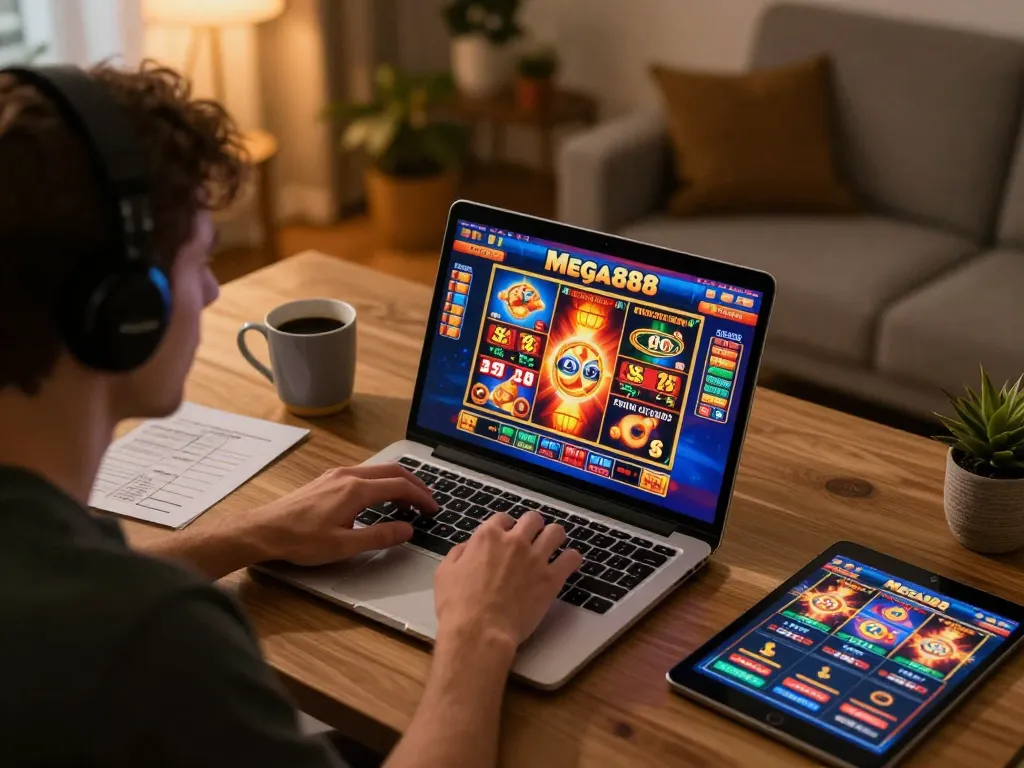 Engaged player exploring free credit mega888 through online casino on laptop with cozy ambiance