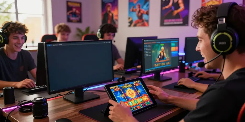 Engaged player using A80 gaming platform amidst vibrant gaming room atmosphere.