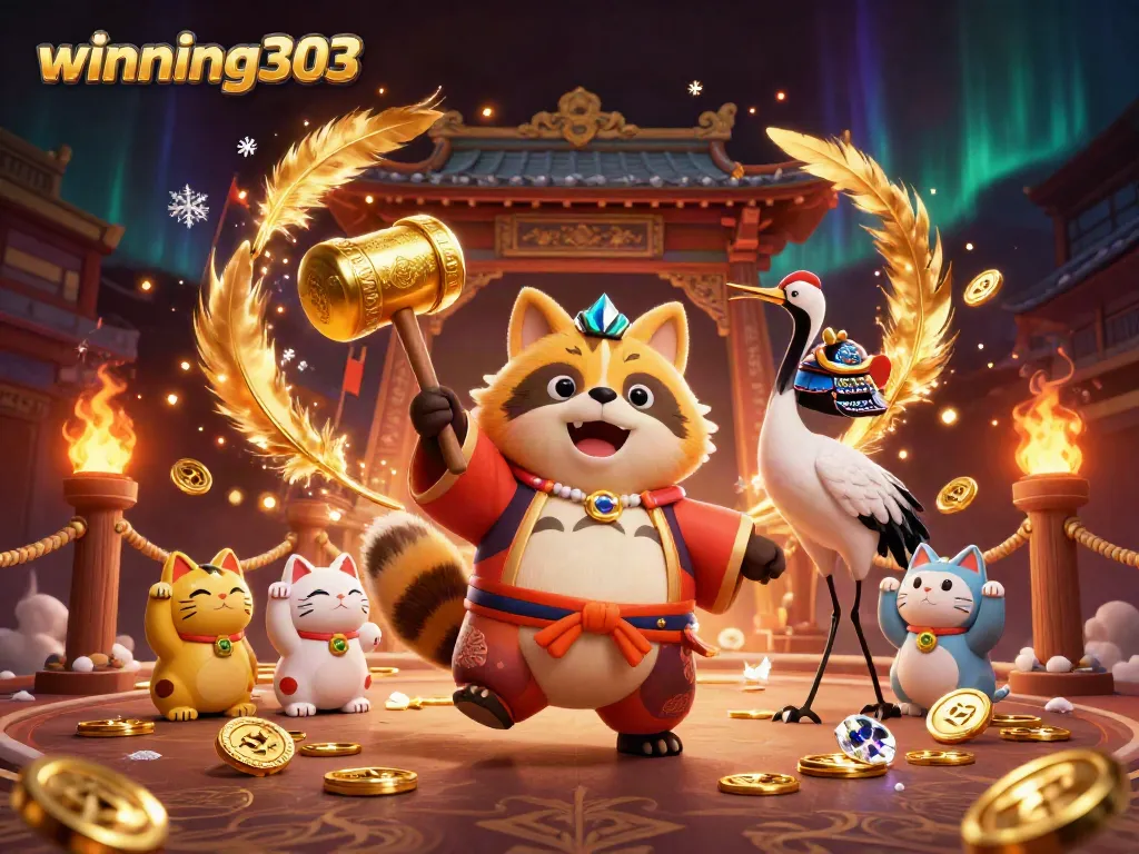 Experience big wins with winning303 featuring cheerful characters in a stunning casino scene.