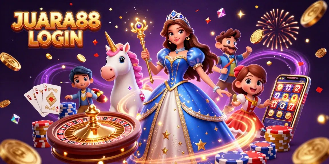 Experience JUARA88 LOGIN with a glamorous scene showcasing glittering casino elements and enchanting characters.