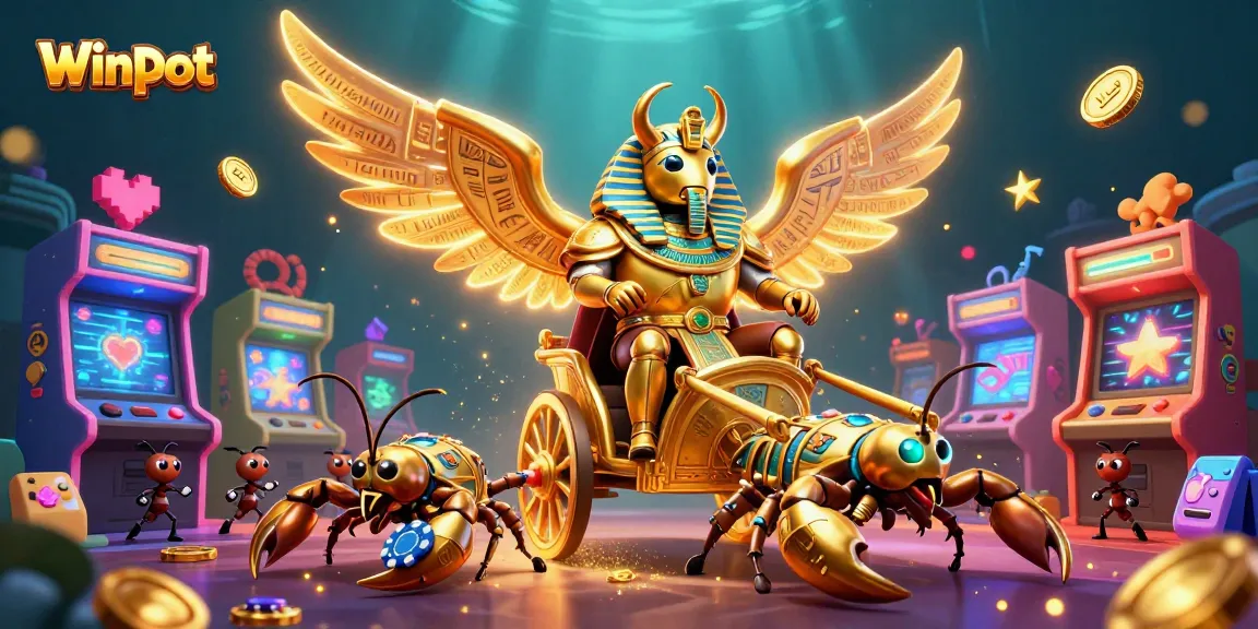 Winpot showcases a golden scarab beetle in pharaoh armor rolling through casino thrills and gaming action.