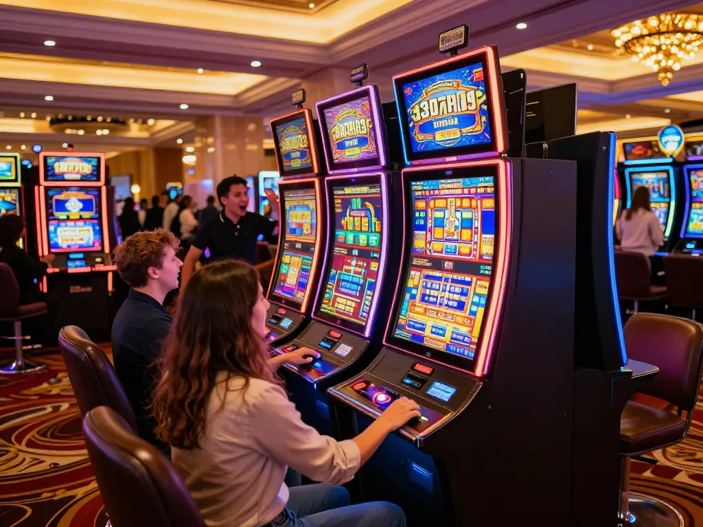 Players enjoying vibrant slot gacor games at an upscale casino, showcasing excitement and luxury.