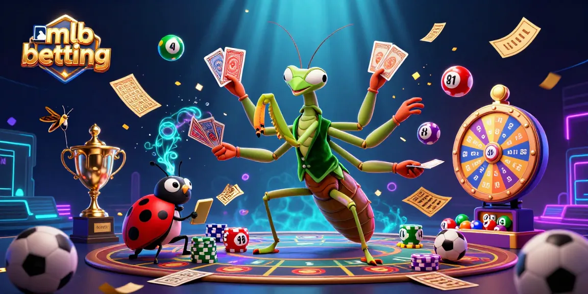 Engage in mlb betting with a cartoon mantis card sharp and ladybug pit boss amidst vibrant gaming elements.
