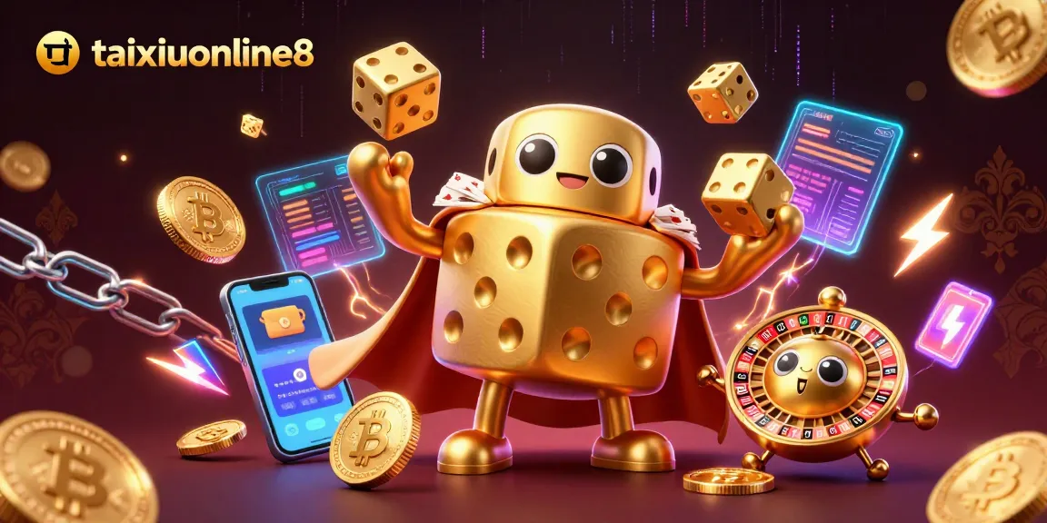 Experience the fun with taixiuonline8 through our dynamic casino characters juggling dice amidst vibrant crypto elements.