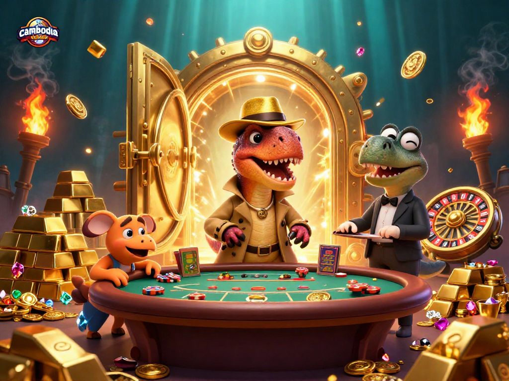 Exciting scene at a cambodia online casino with cartoon dinosaurs gaming around rich treasure.