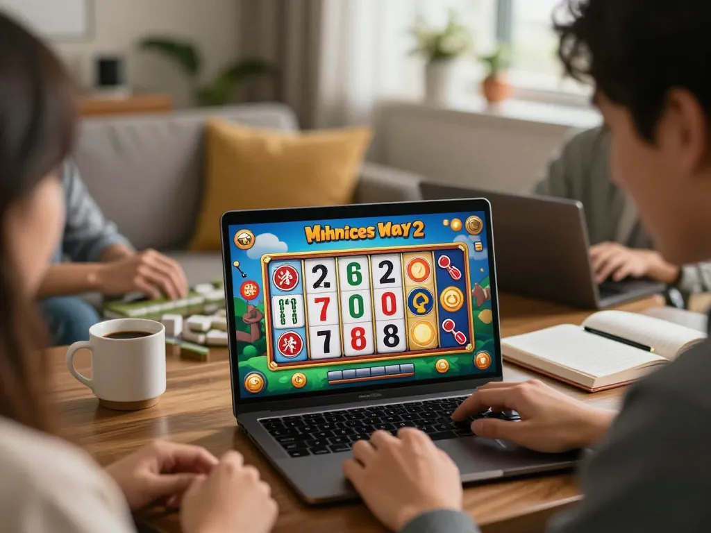 Playing Mahjong Ways 2 online slot game showcases vibrant graphics and engaging gameplay in a cozy living space.