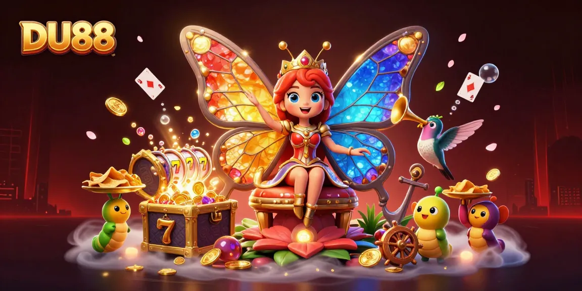 Plunge into rich DU88 casino fun, showcasing 3D characters, slot reels, and vibrant gaming elements.