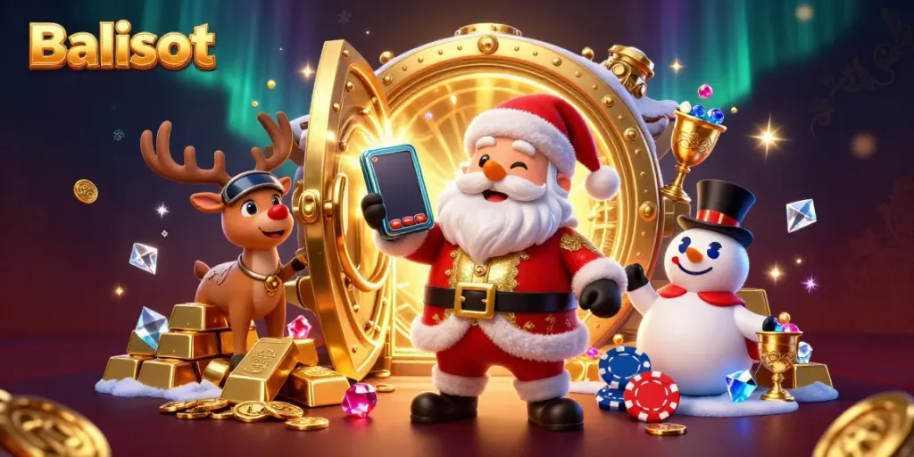 Balislot's vibrant casino scene showcases Santa Claus winning jackpots with his reindeer and snowman in an extravagant setting.