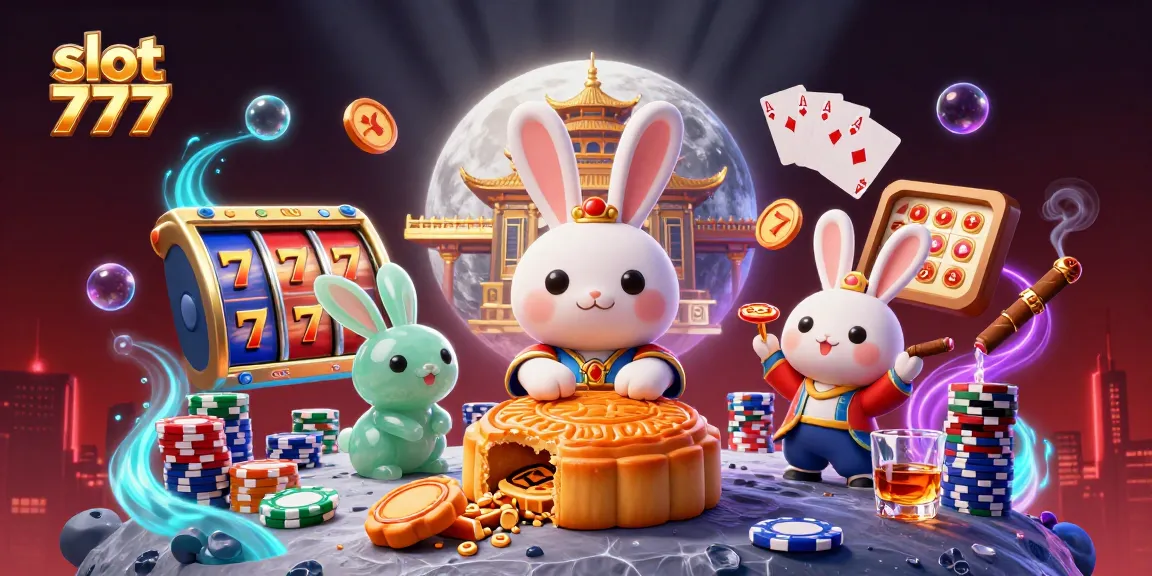 Putar slot 777 dengan simbol keberuntungan dan chip poker mengelilingi kelinci bulan di latar belakang bulan.