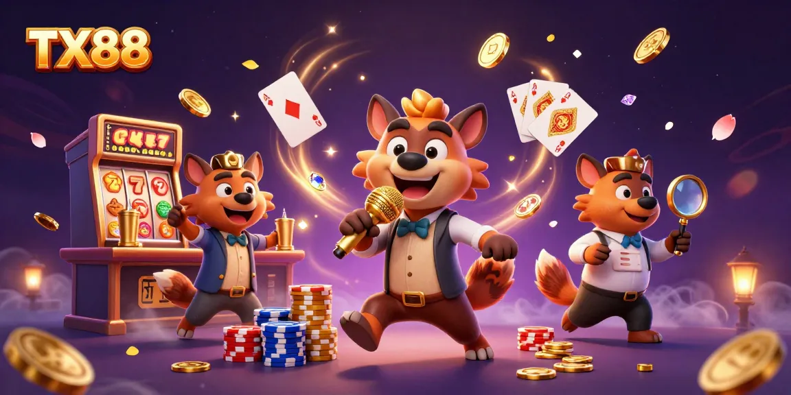 Experience the excitement of TX88 with a 3D illustration of hyenas in a vibrant comedy casino.