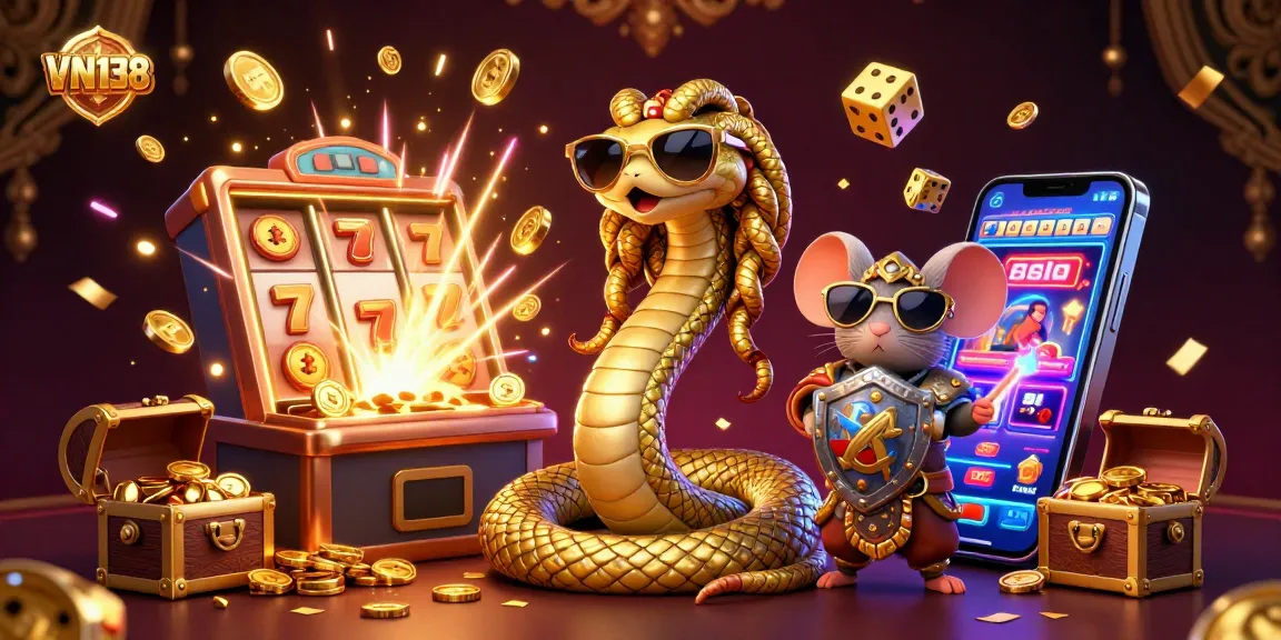 Experience the excitement of VN138's live jackpots with a stunning 3D illustration of a playful Medusa and winning characters.