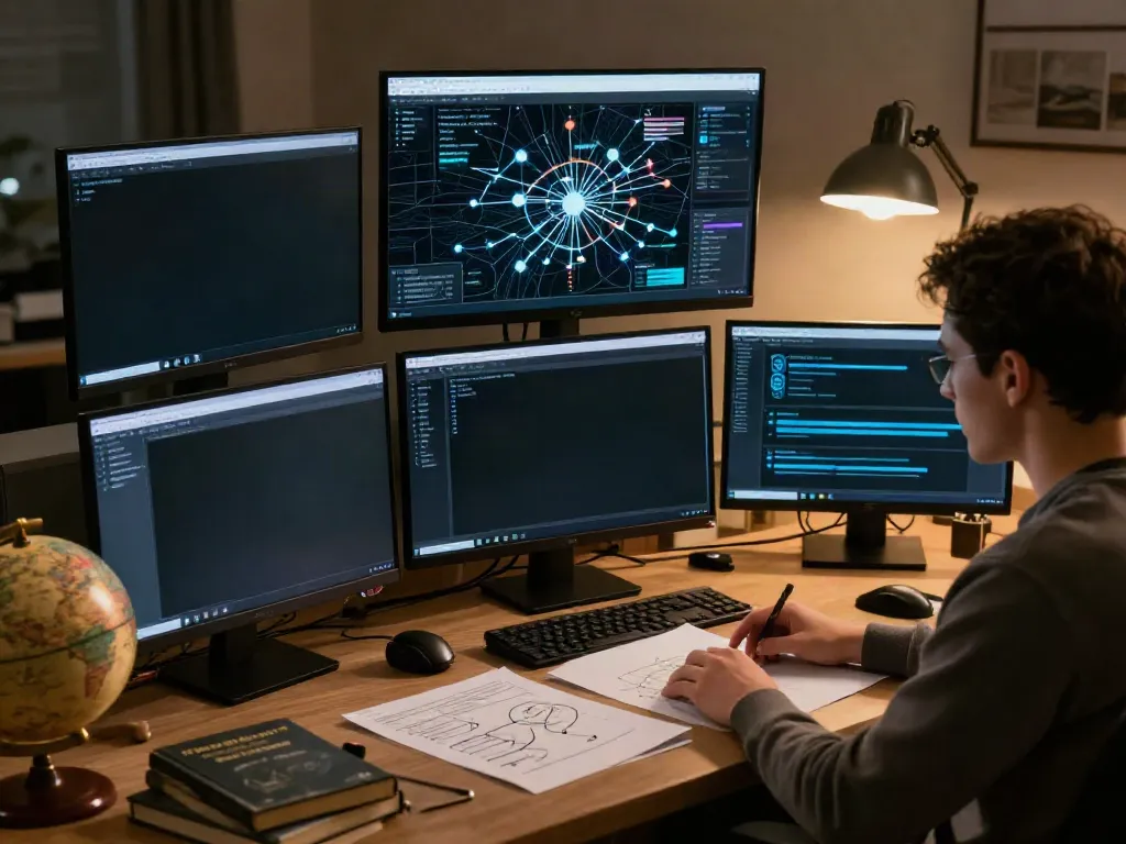 Researcher analyzing the hidden wiki dark web with multiple screens detailing encryption and Tor.