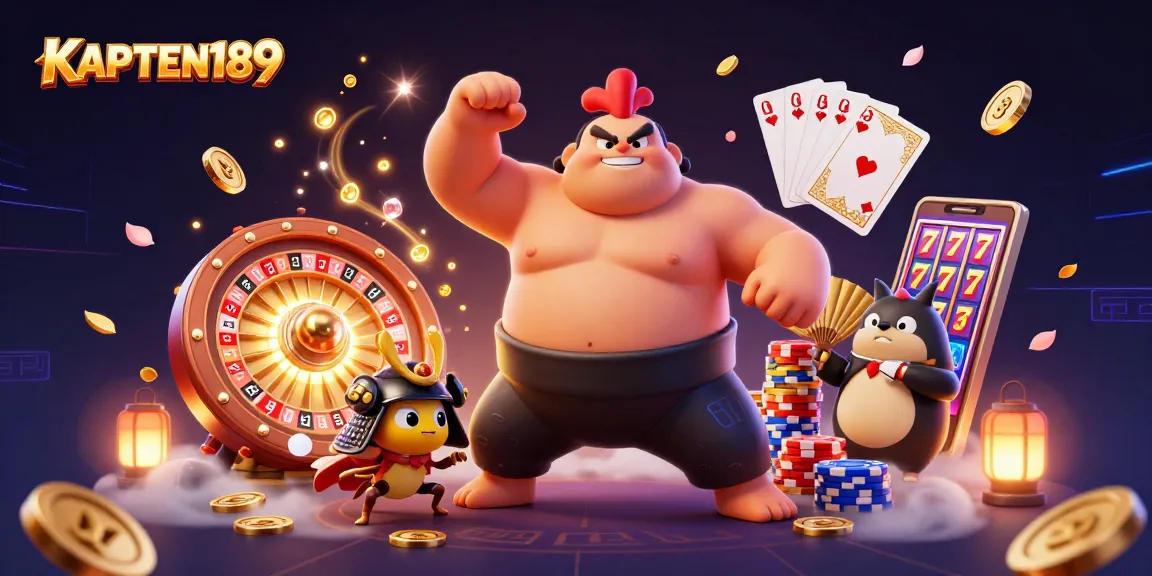 KAPTEN189 menampilkan ilustrasi digital 3D kasino dengan karakter unik dan elemen permainan menarik.