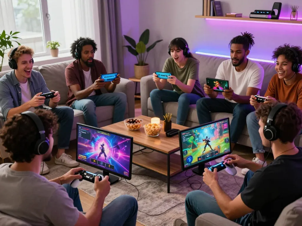 Engaged players enjoying diverse porngame experiences in a vibrant gaming living room.