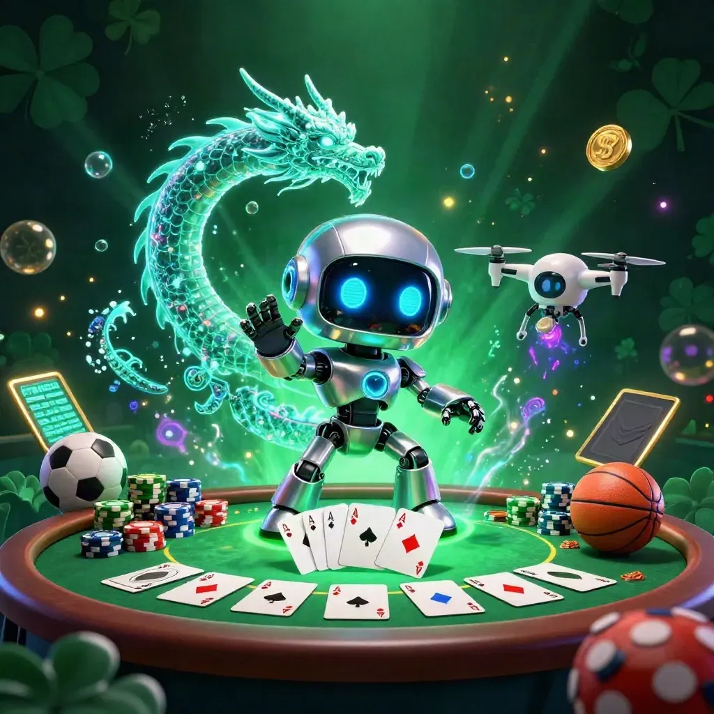 Robot, holographic dragon and coin drone amid poker chips, cards and neon casino glow.