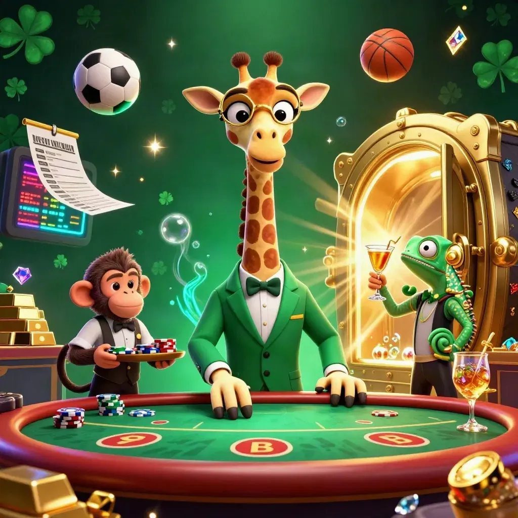 Cartoon giraffe, monkey, and chameleon amid open vault gold, sports balls, and neon casino glow.