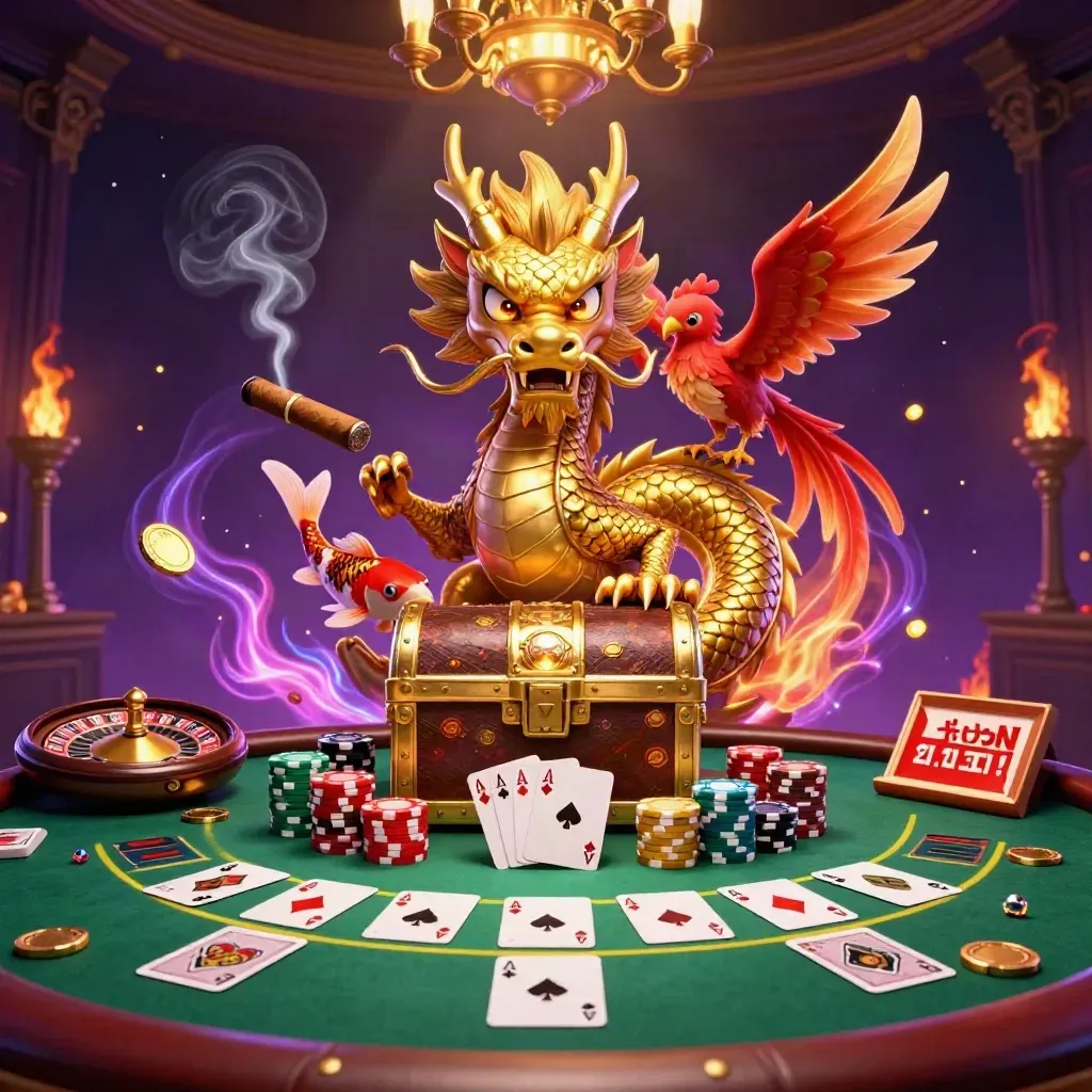 Golden dragon, phoenix, and koi in a poker vault with chips, roulette wheel, starfield glow