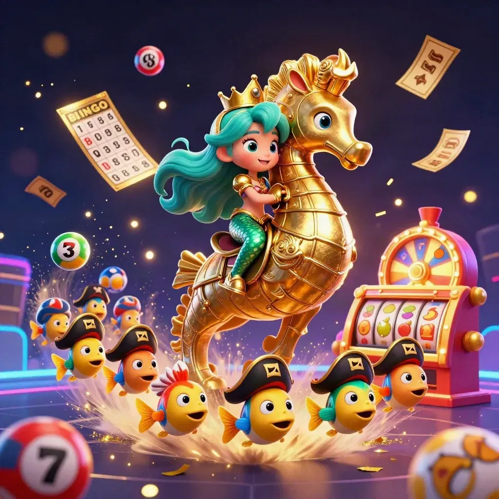Mermaid princess on armored seahorse with pirate fish, lottery balls, wheel, bingo card, and gold effects.