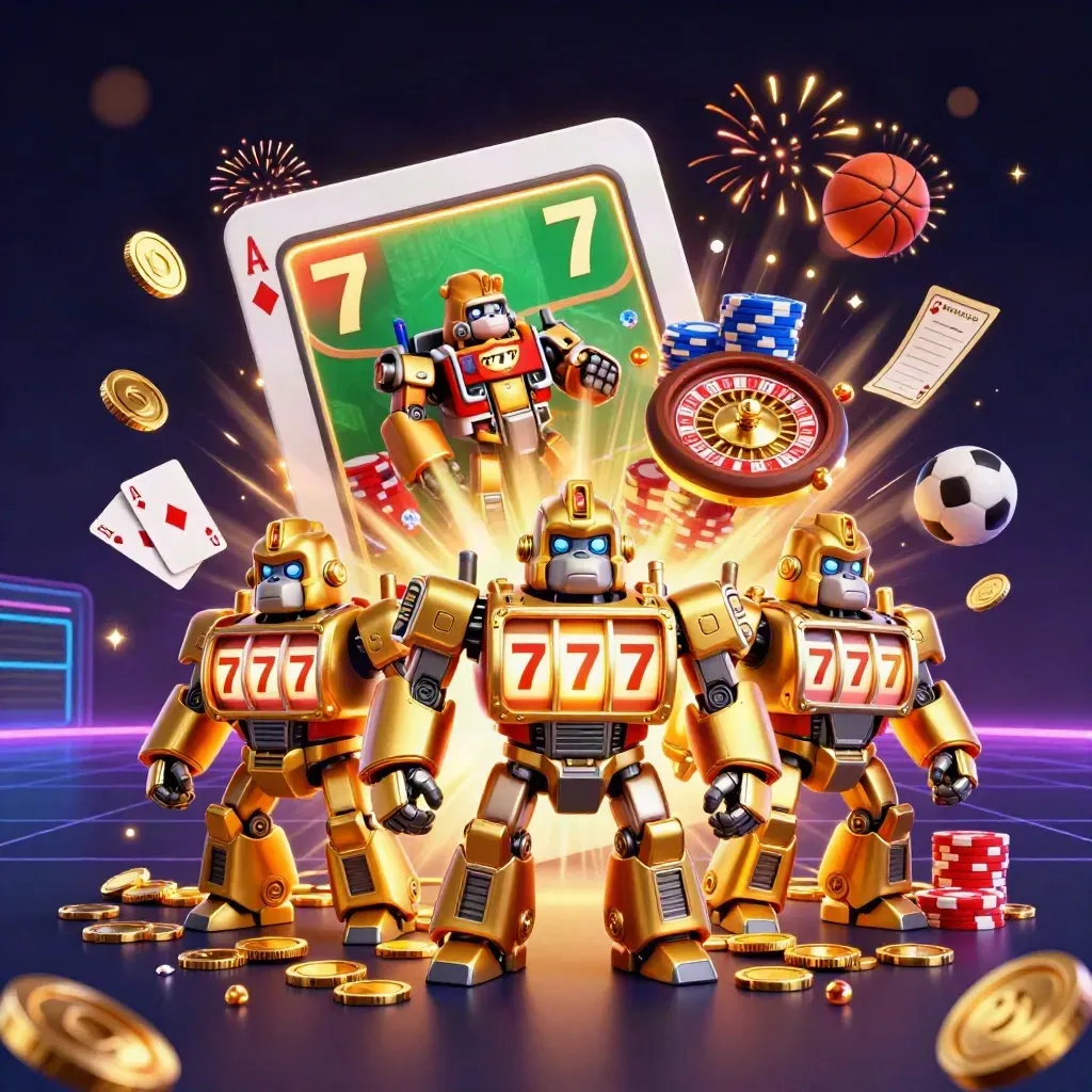 Golden gorilla mech with tiny monkey pilot, poker chips, coins, cards, neon vault burst