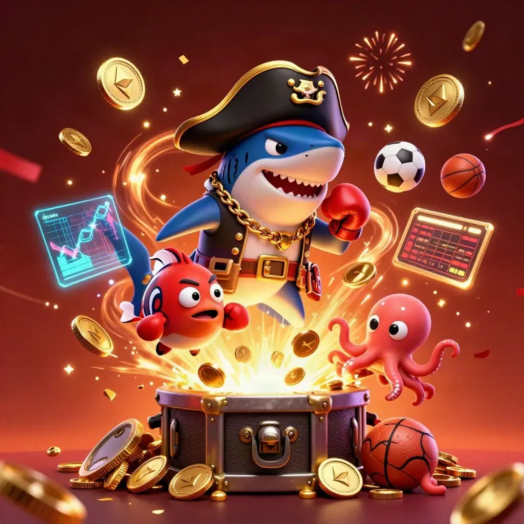 Pirate shark, boxing pufferfish, and juggling octopus amid vault coins, crypto, fireworks, and casino effects