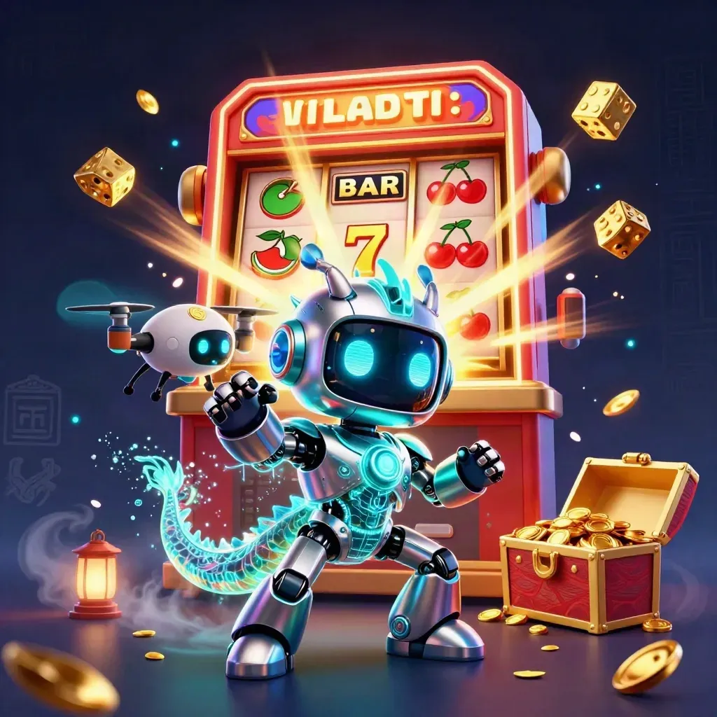 Cyberpunk robot, holographic dragon, and coin drone burst from a jackpot slot machine in a dark neon casino scene.