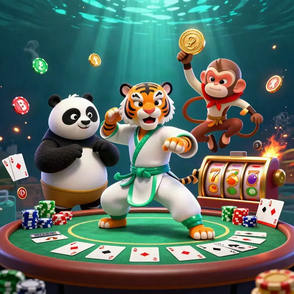 Tiger, panda, and monkey in a poker battle amid chips, cards, reels, and glowing teal light.