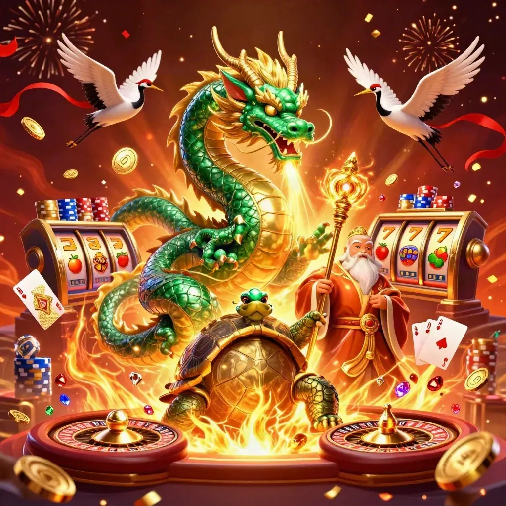 Jade dragon, turtle sage, and cranes amid casino chips, cards, coins, and fire