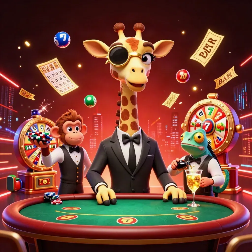 Giraffe, monkey valet, and chameleon bartender at a glowing VIP poker table with casino effects.
