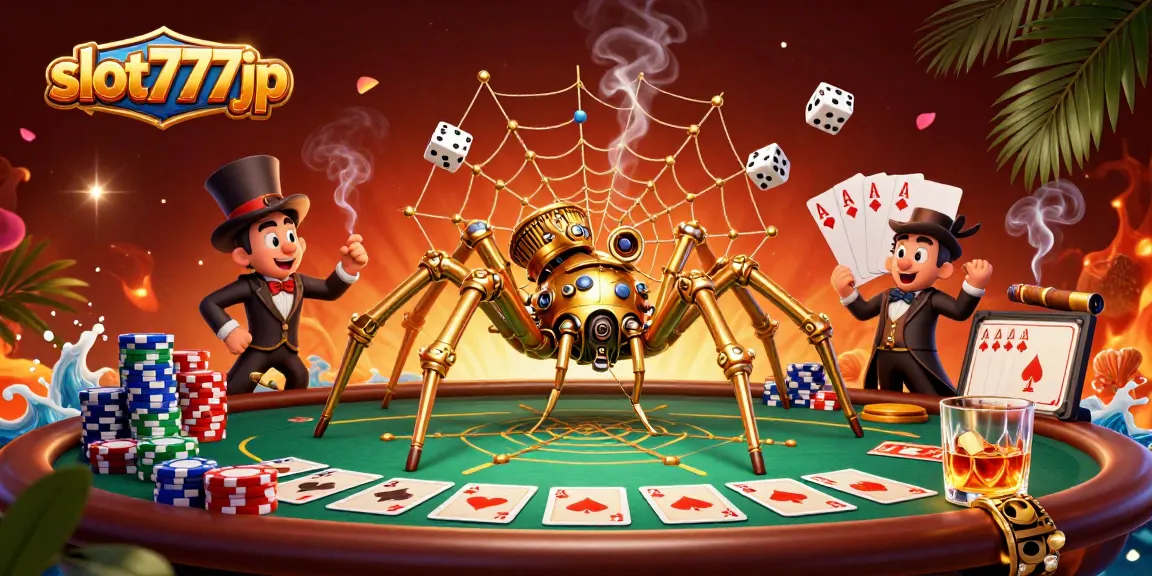 Engage with slot777jp through vibrant 3D casino art featuring a steampunk spider.
