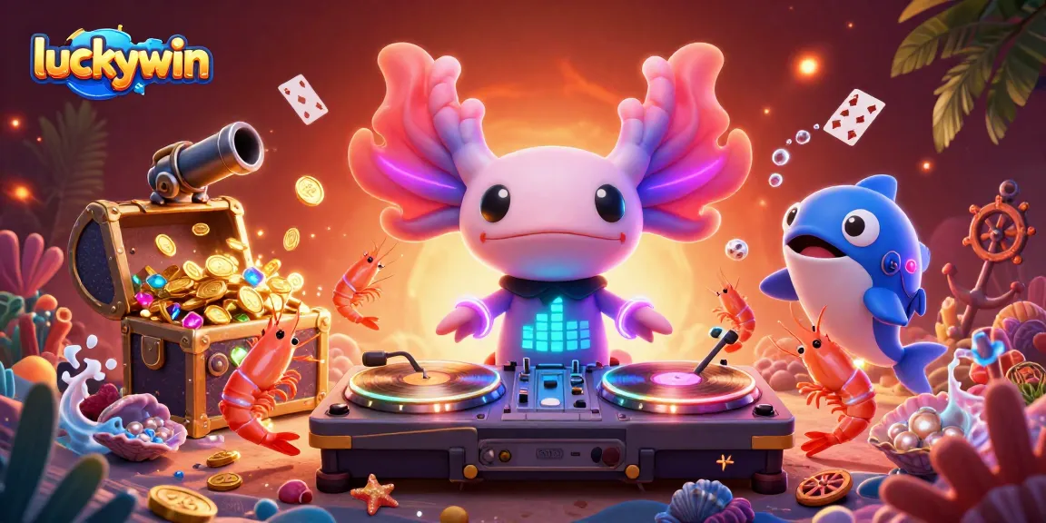 Experience the fun of luckywin as the vibrant axolotl DJ spins records amid treasure and excitement.