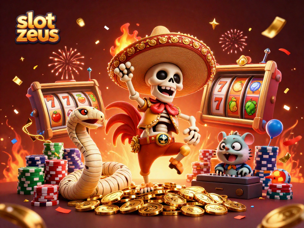 Slot zeus showcases a lively 3D scene of a skeleton rooster, mummy snake, and zombie hamster celebrating amidst vibrant slot reels and poker chips.
