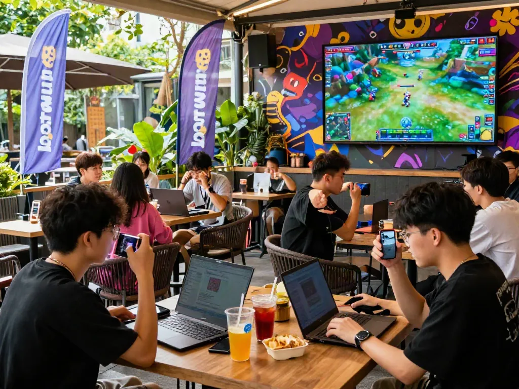 Engaged gamers enjoying hotwin88 online games at a trendy café.