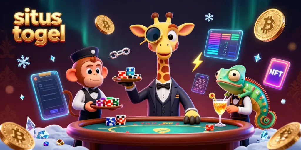 Engaging illustration of situs togel featuring a giraffe at a poker table with a monkey and chameleon, surrounded by vibrant digital elements.