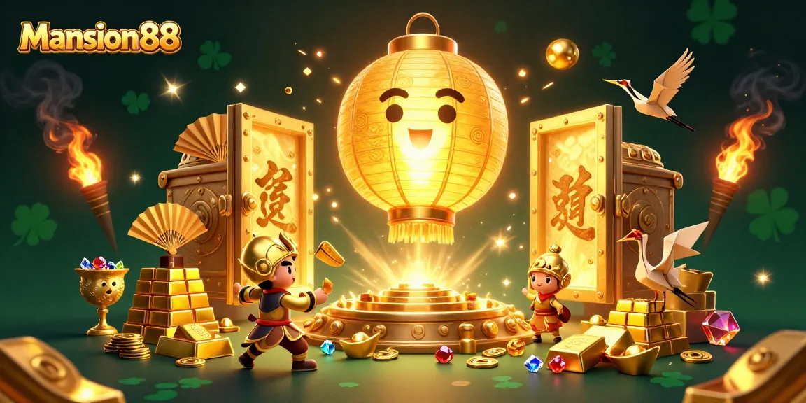 Mansion88 invites players into a vibrant casino scene with golden lantern spirit, treasures, and lucky symbols.