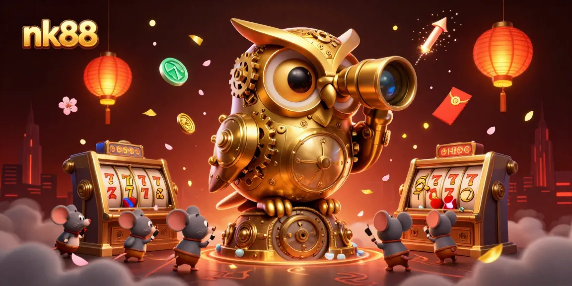 Engage with nk88 at an illustrated casino with dynamic slot reels and lively characters.
