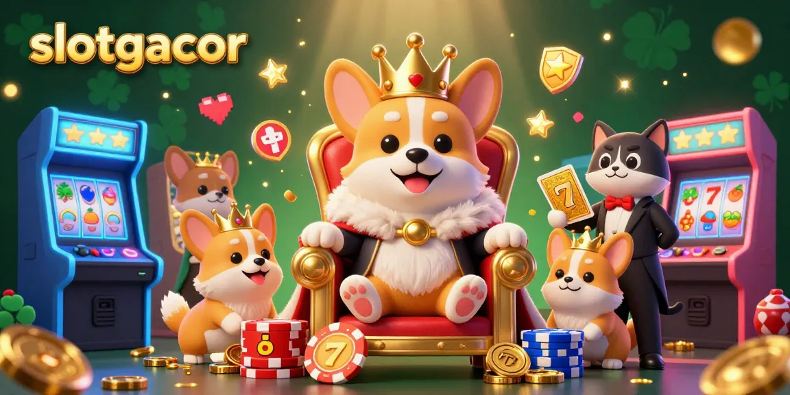 Experience the excitement of slotgacor with a lively scene featuring a royal corgi, slot reels, and vibrant game elements.