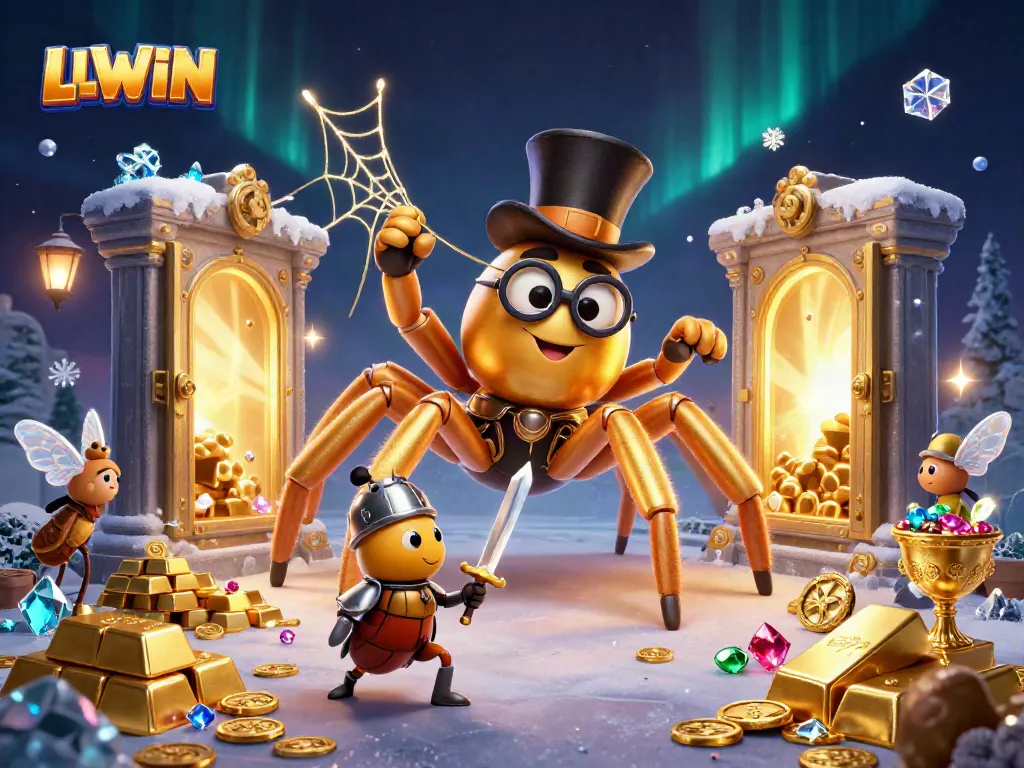 Engage with LLWIN's thrilling gaming scene featuring an adventurous knight and a golden tarantula.