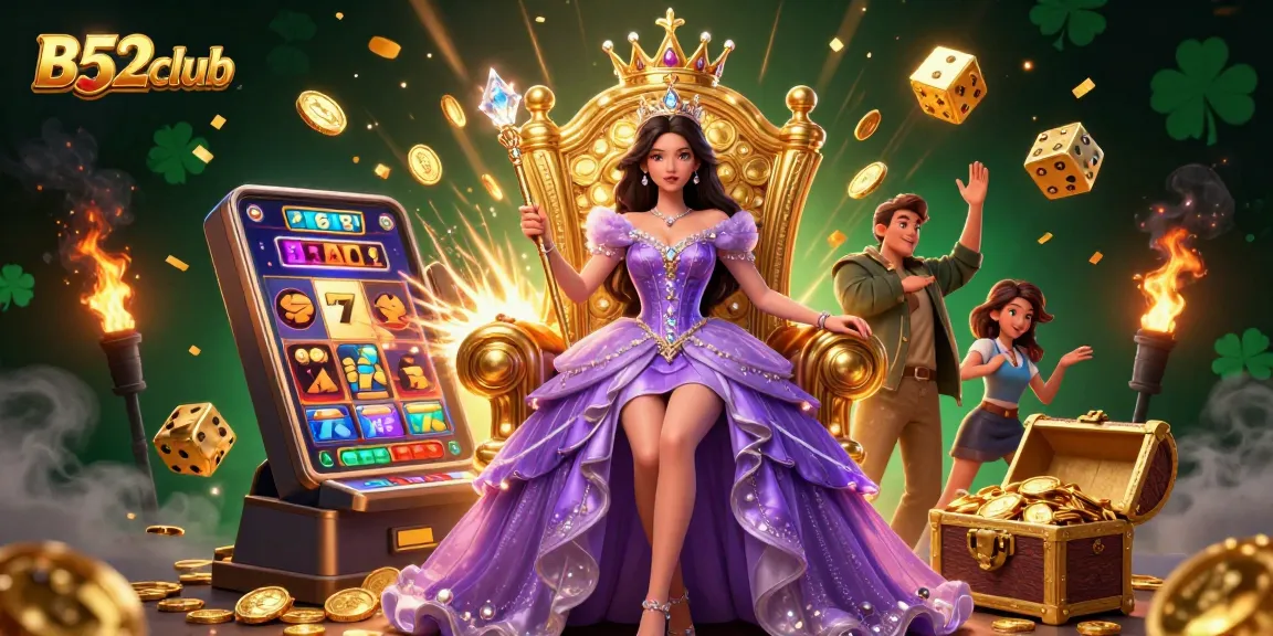 A vibrant B52club illustration showcasing a beautiful Asian woman in a royal gown amidst jackpot-winning elements like slot machines and golden treasures.
